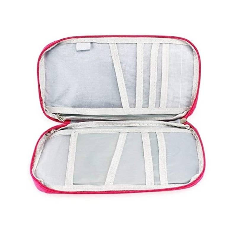 Open travel case with pink exterior and white interior on a white background