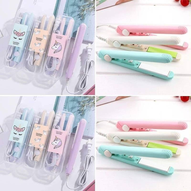 Set of colorful hair straighteners with packaging on a white background
