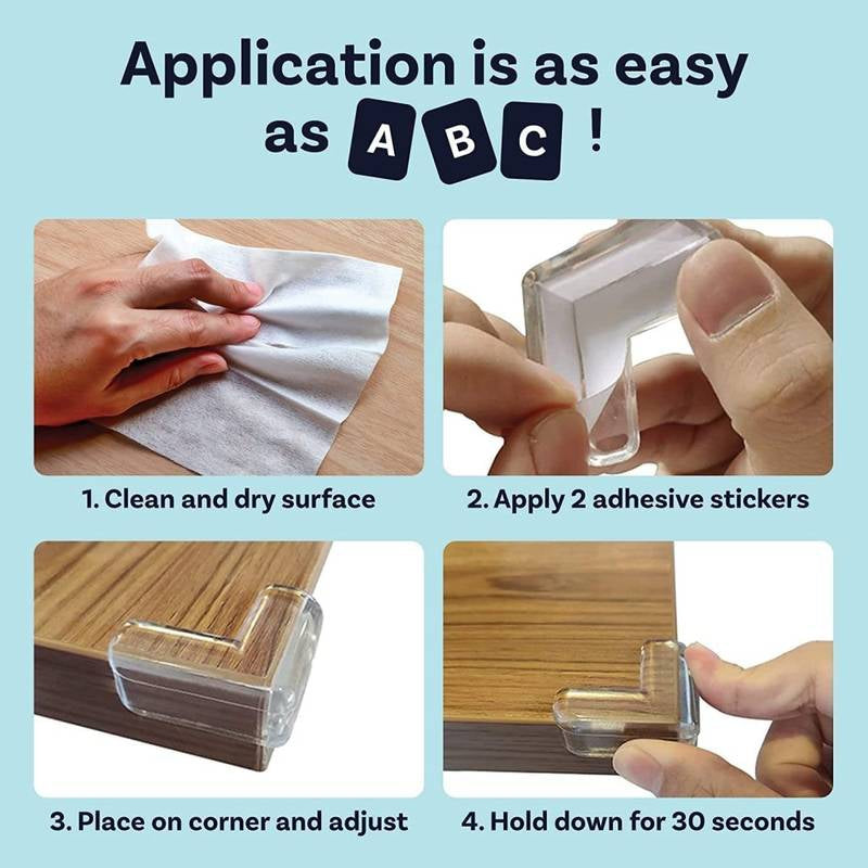 Step-by-step guide on how to use adhesive corner protectors with text 'Application is as easy as ABC!'.