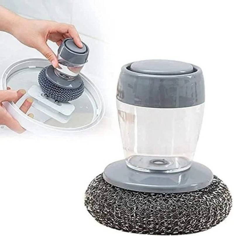 Soap Dispensing Palm Scrubber – Heavy Duty Steel Wire Dish Brush with Refillable Liquid Reservoir – Ergonomic Kitchen Scouring Tool for Pots, Pans, Grills, and Cast Iron