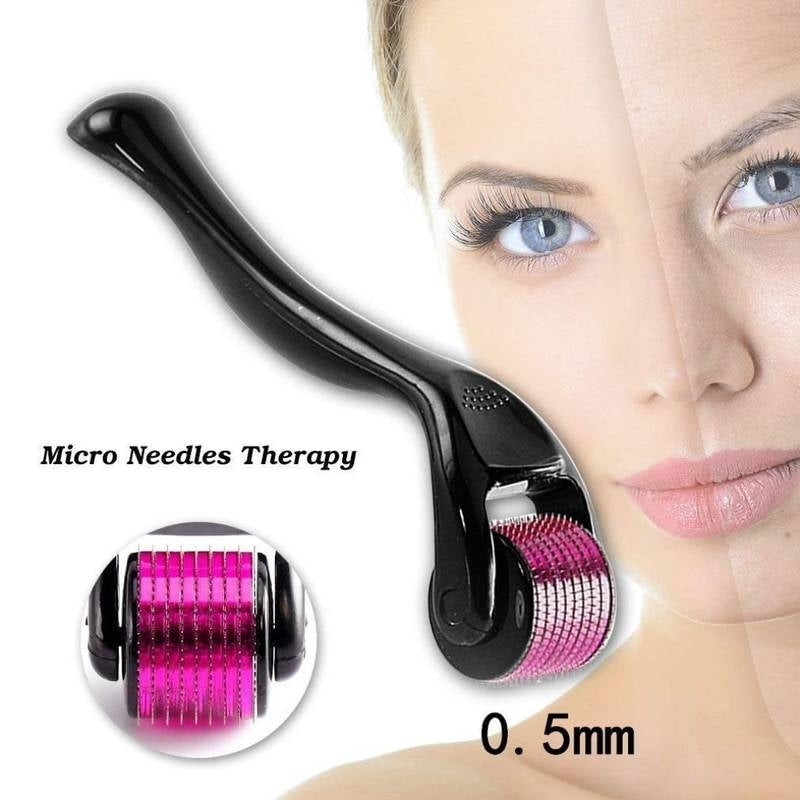 Micro needles therapy tool with close-up of face showing skin texture improvement.