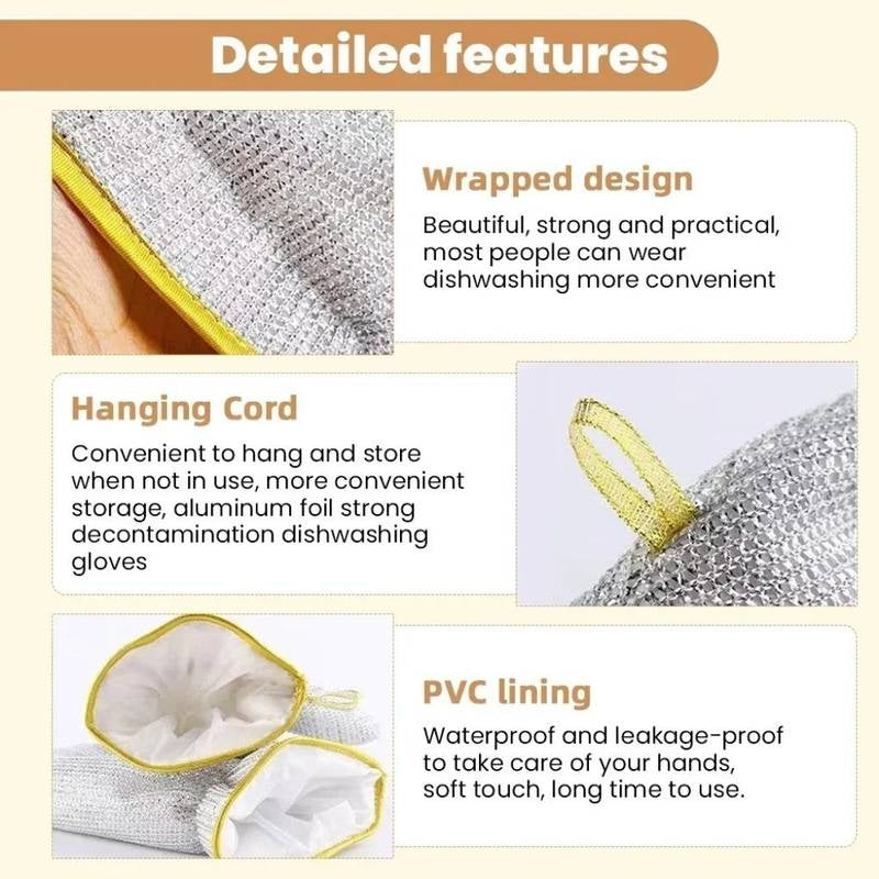 Dishwashing gloves with wrapped design, hanging cord, and PVC lining features.