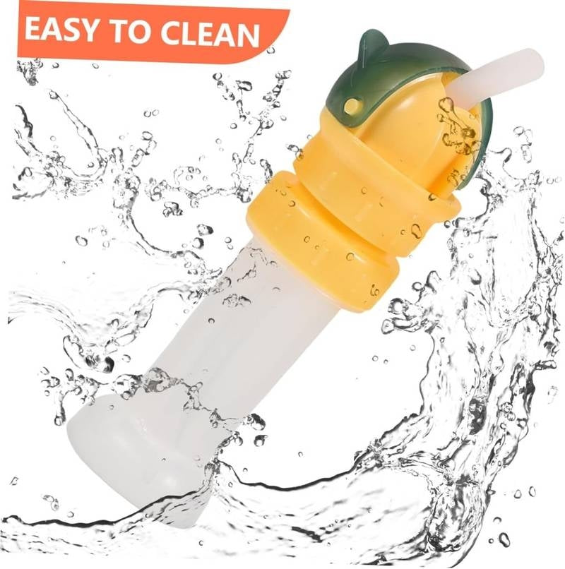 Yellow popsicle mold with green lid on a white background with water splashes and 'EASY TO CLEAN' text.