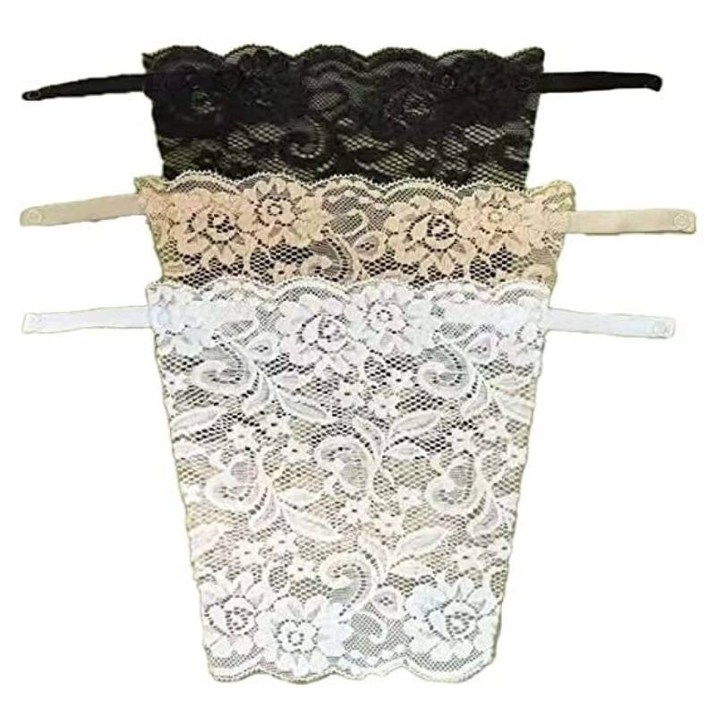 Set of three lace hair ties in black, beige, and white on a white background
