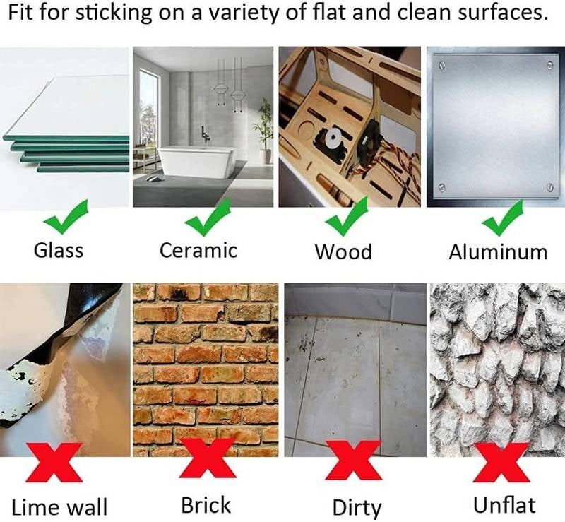 Product compatibility chart for various surfaces with green checkmarks for glass, ceramic, wood, and aluminum, and red X's for lime wall, brick, dirty, and unflat surfaces.