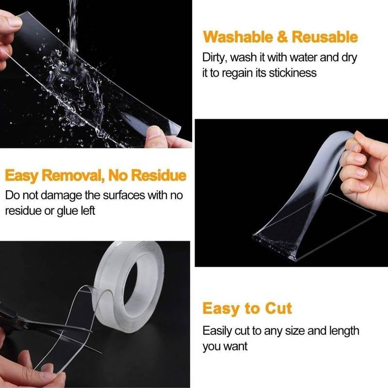Transparent film with text on washability, reusability, removal, and cutting ease.