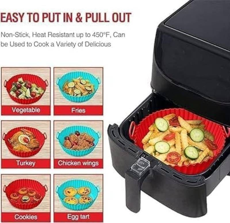 Silicone cooking baskets with food illustrations and a black appliance.