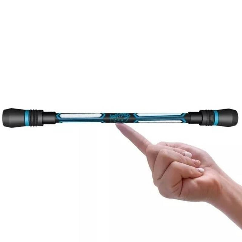 Collapsible blue and black rod held by a hand on a white background