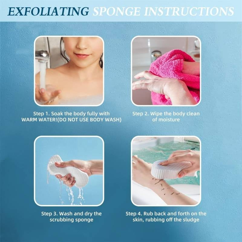 Exfoliating sponge instructions with step-by-step images on a blue background