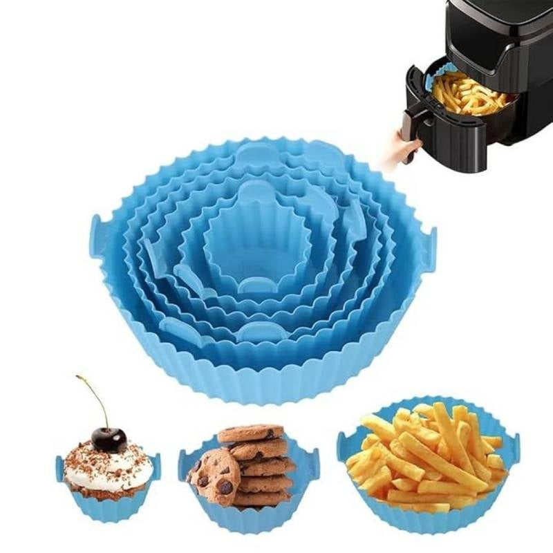 Set of blue silicone baking cups with examples of baked goods on a white background