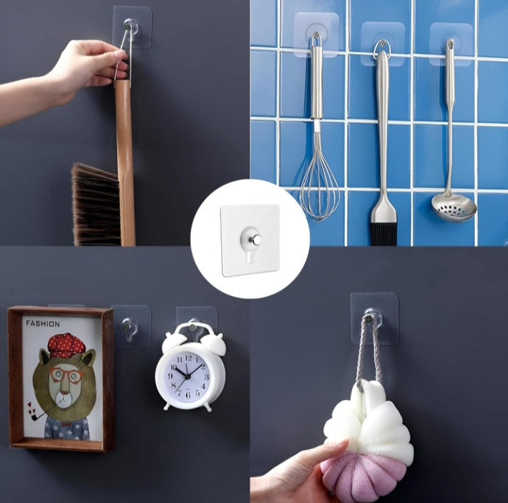 Collage of wall hooks in various settings with a focus on their adhesive nature.