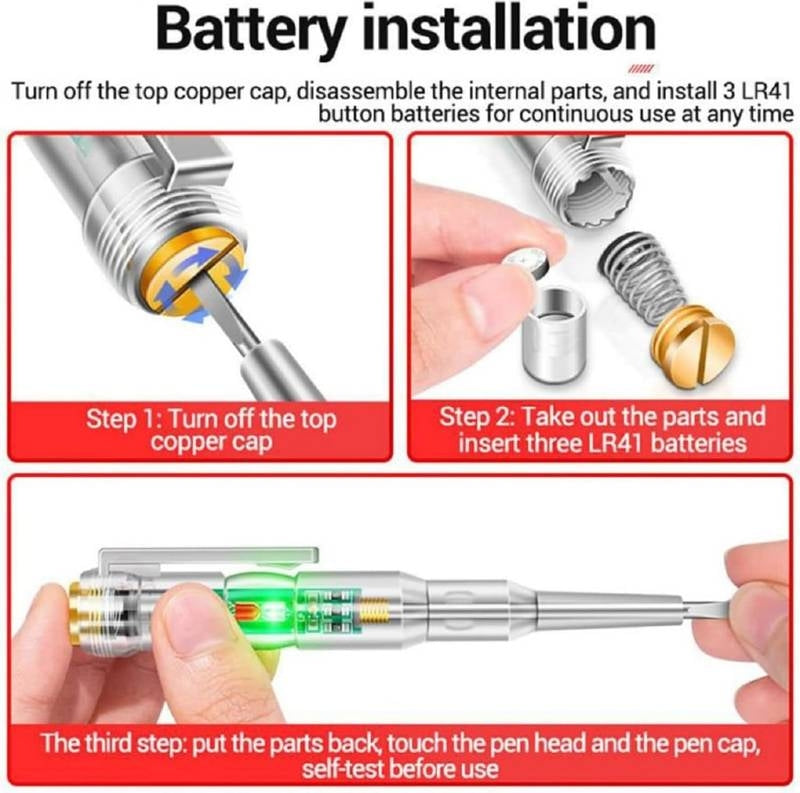 Instructions for battery installation on a pen-like device with step-by-step illustrations.