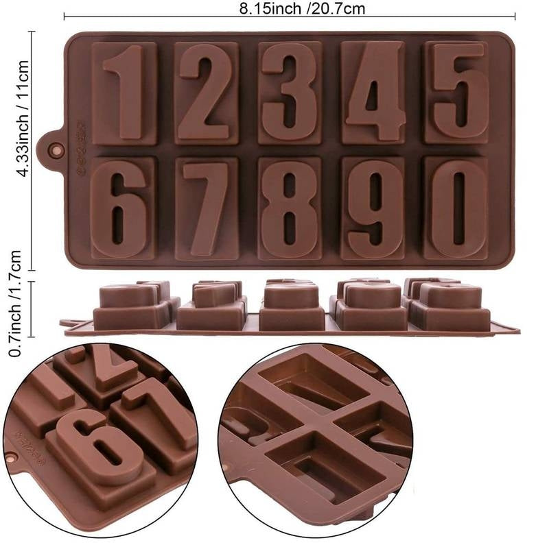 Silicone mold with numbers for baking, showing dimensions and product details.