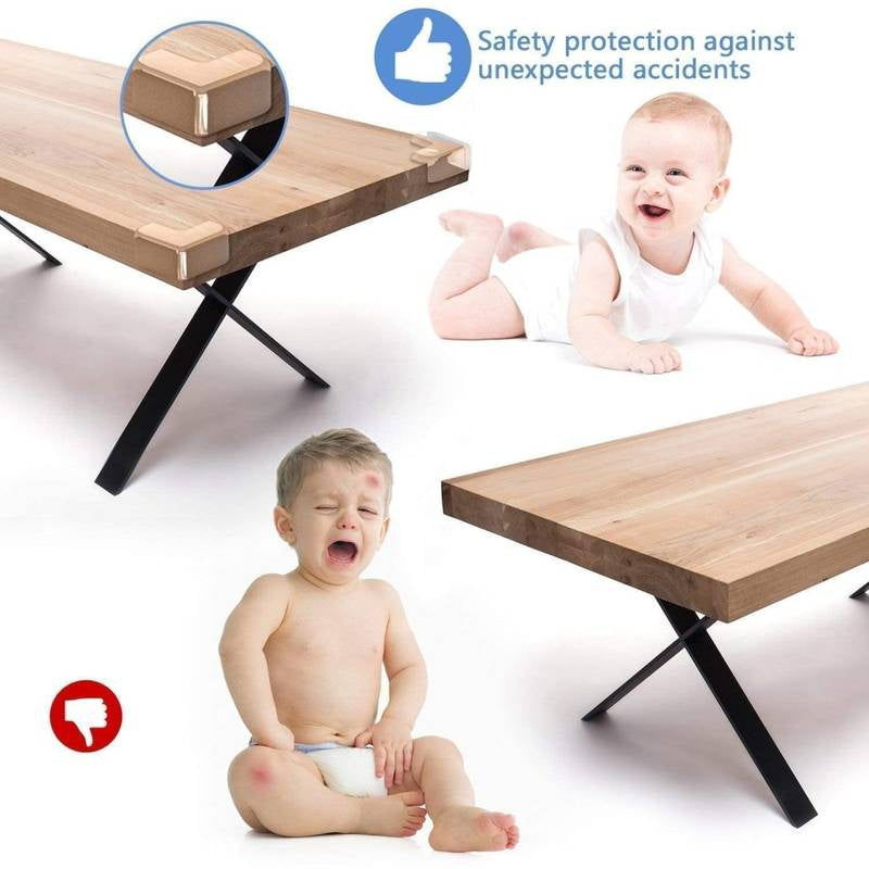 Wooden table with safety corner design, child in diaper, and text about safety protection.