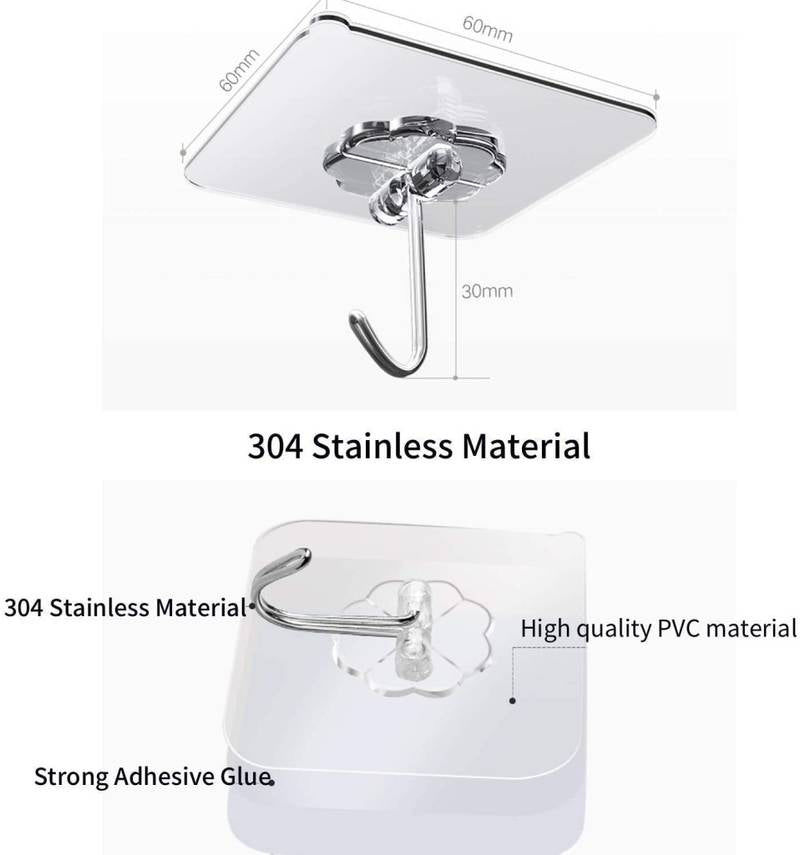 Stainless steel wall hook with adhesive glue and dimensions displayed.