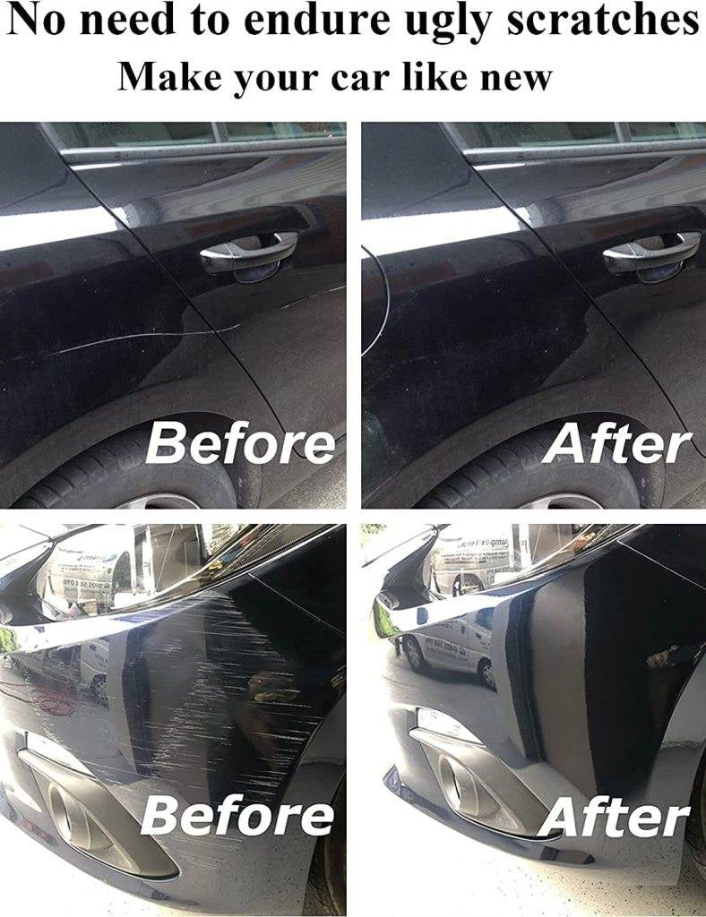 Before and after comparison of car scratches with text indicating scratch removal.