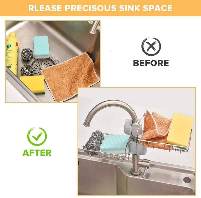 Stainless Steel Sink Faucet Holder – Adjustable Kitchen Organizer for Sponges & Soap (Rust-Proof & Easy Install)