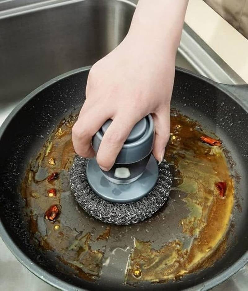 Soap Dispensing Palm Scrubber – Heavy Duty Steel Wire Dish Brush with Refillable Liquid Reservoir – Ergonomic Kitchen Scouring Tool for Pots, Pans, Grills, and Cast Iron