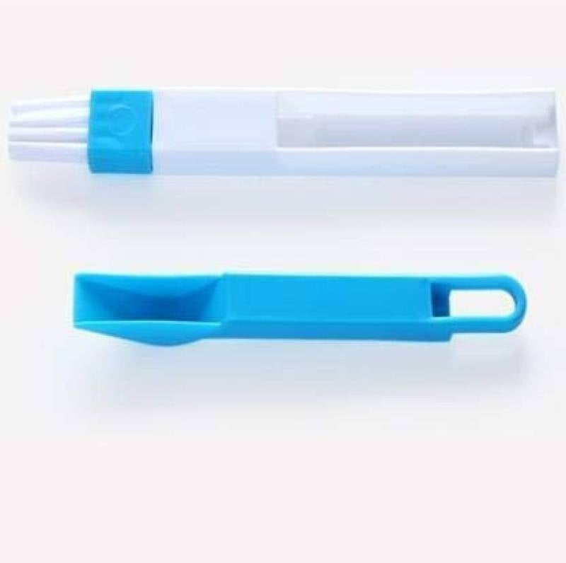 Blue and white cleaning tool set on a light gray background