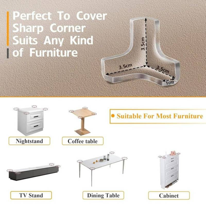 Corner protector with measurements and text about its suitability for various furniture items.