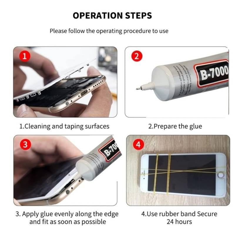 Step-by-step guide on applying glue to a smartphone screen repair using B-7000 glue.