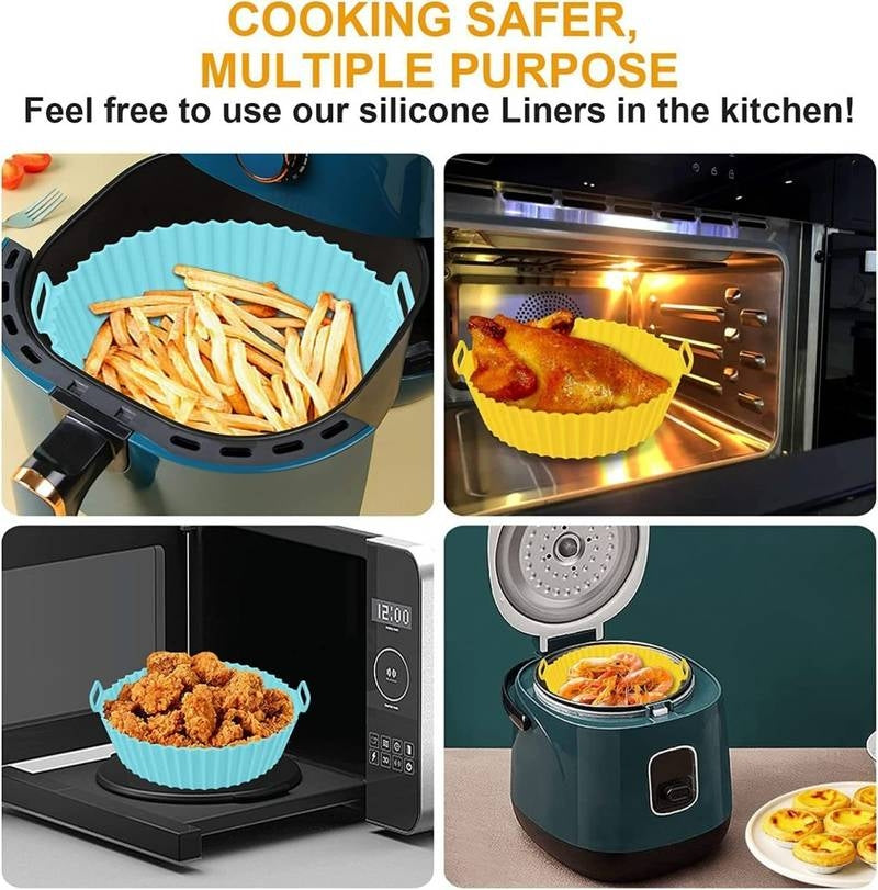 Silicone liners used in various kitchen appliances with text highlighting safety and multiple purposes.