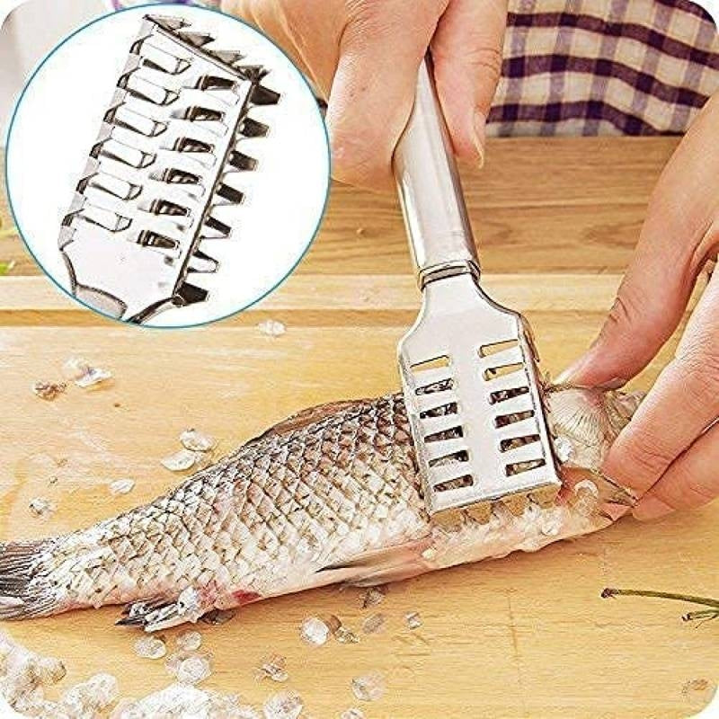 Person using a fish scaler on a fish with a close-up of the tool's teeth.