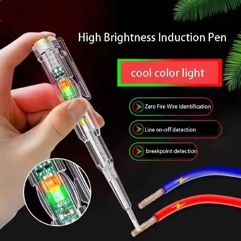 High brightness induction pen held by a hand with text and images of wires.