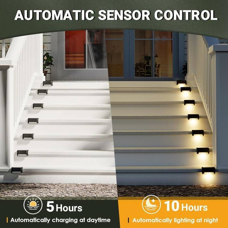 Outdoor staircase with automatic sensor-controlled lights on a house exterior.