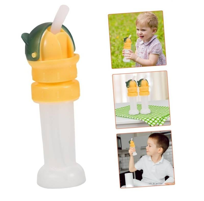 Children's juice cup with straw and lid, shown with children using it.