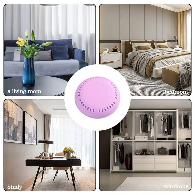 Collage of a living room, bedroom, and study with a purple air freshener in the center.