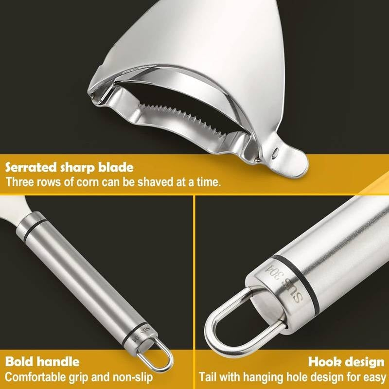 Corn shaver with serrated blade and hook design on a black background
