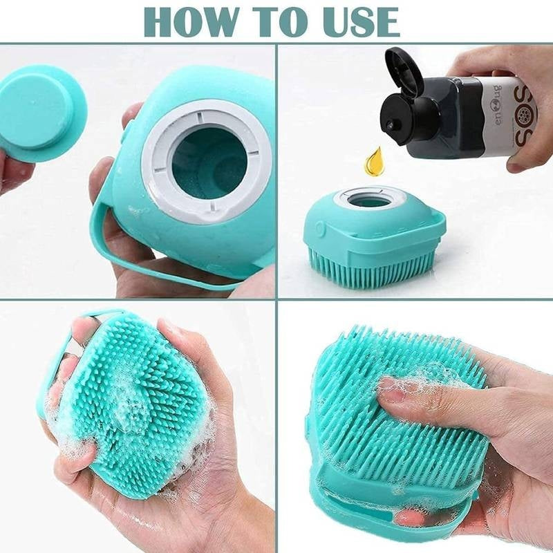 Step-by-step guide on how to use a turquoise silicone scrubber with soap.