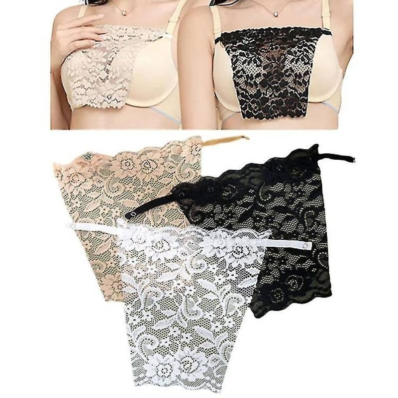 Set of lace lingerie including a bra and panties in beige, black, and white.