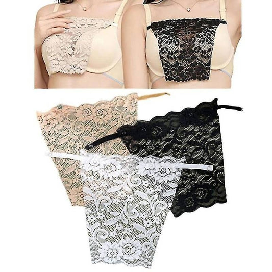 Set of lace lingerie including a bra and panties in beige, black, and white.