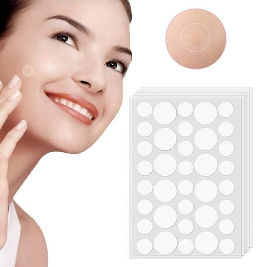 Woman applying cream with a close-up of skin and a sheet of round applicators on a white background.