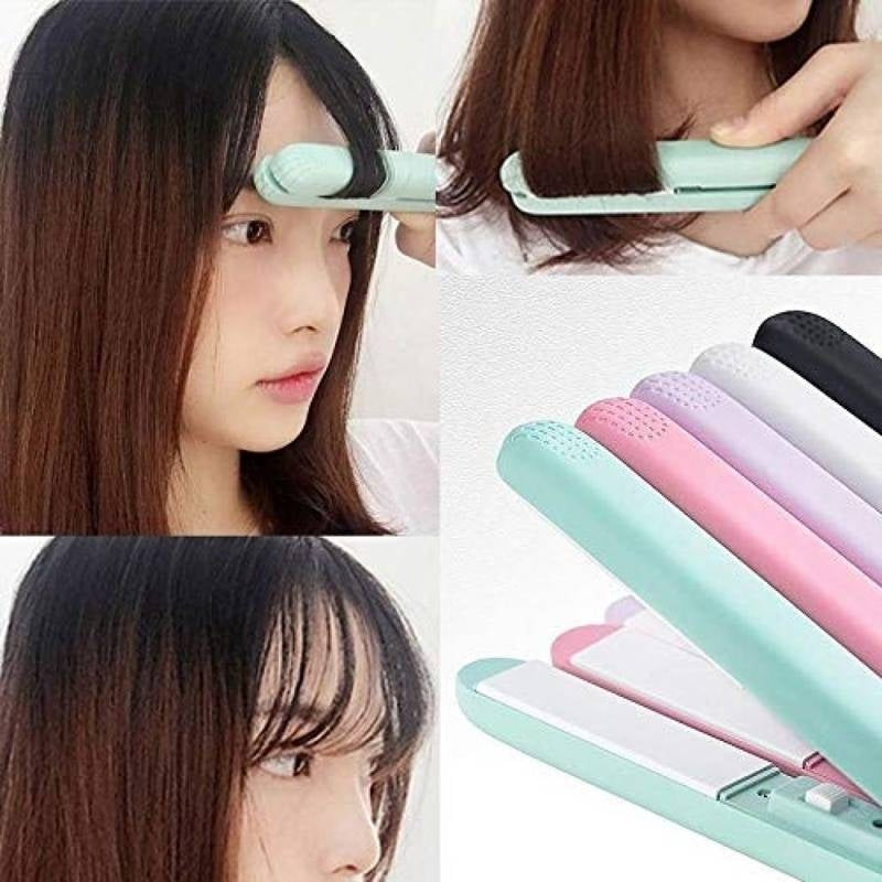 Collage of a person using a hair straightener with close-ups of the product and a row of different colored hair straighteners.