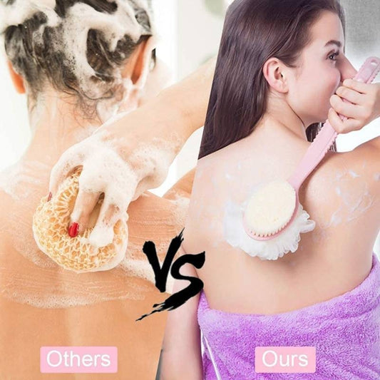 Comparison of using a scrubber on skin versus using a brush with a brand name 'Ours'.
