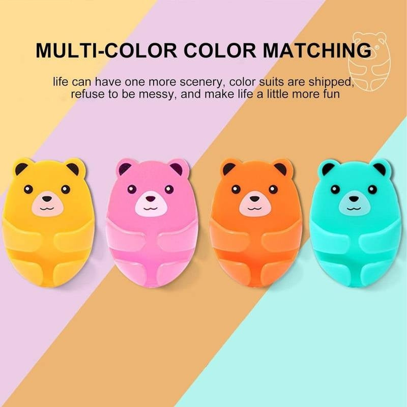 Four colorful bear-shaped修正带 on a multicolored background with text about color matching.