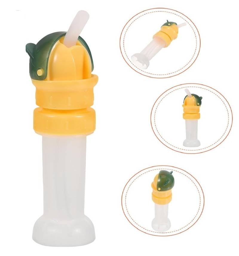Yellow and green children's juice bottle with straw on a white background