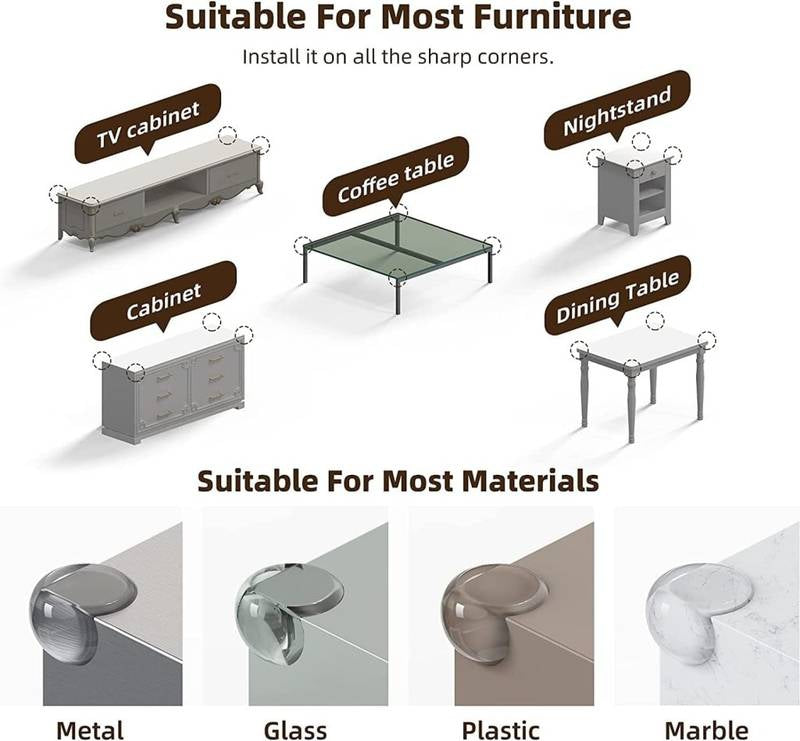 Product advertisement showing its suitability for various furniture and materials on a white background.