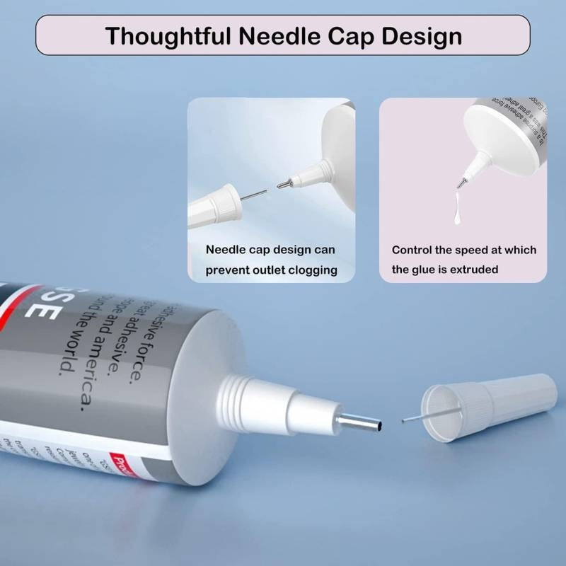 Glue tube with needle cap design on a blue background