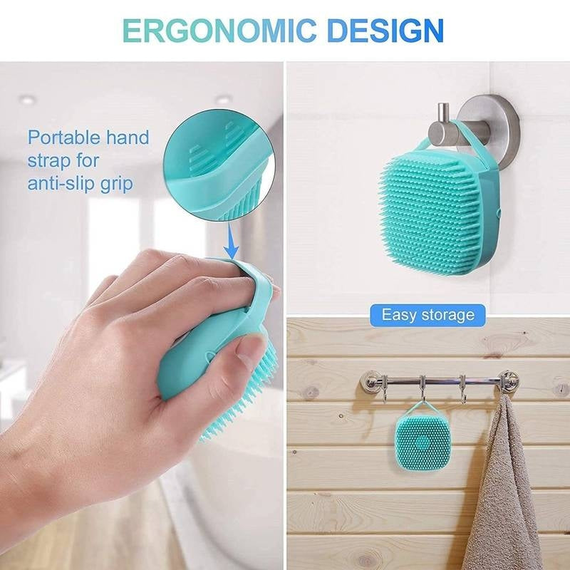 Teal cleaning brush with ergonomic design, portable hand strap, and easy storage on a hook.