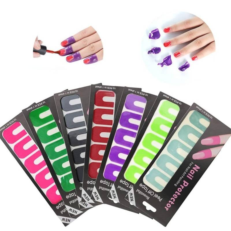 Nail polish protectors with colorful designs and a hand model displaying nails.