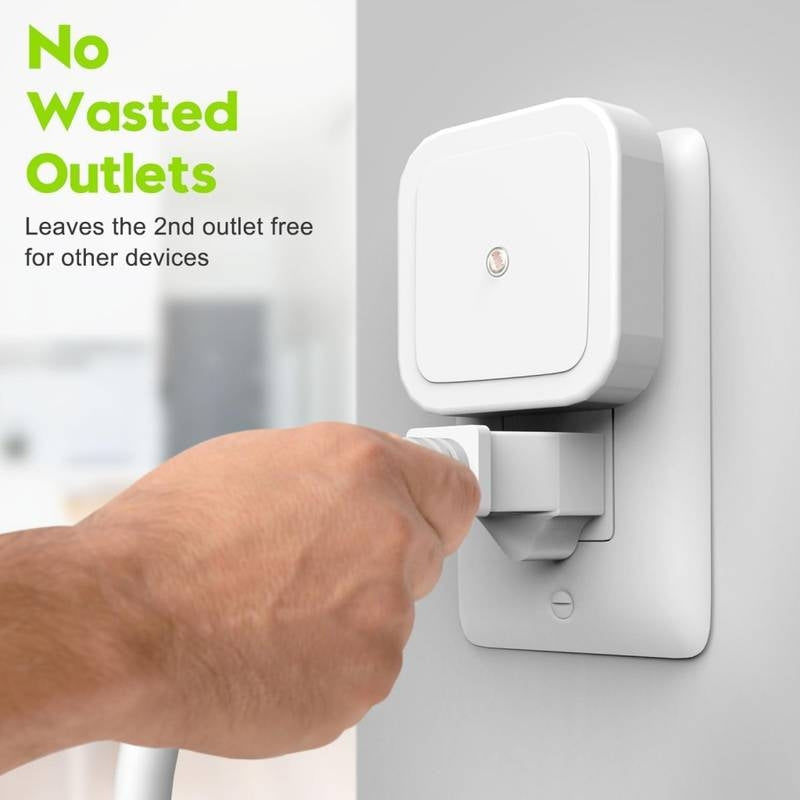 Hand plugging a device into a smart plug with text 'No Wasted Outlets' on a light gray background.