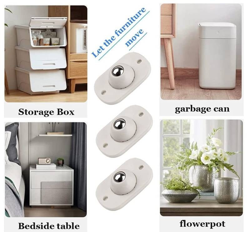 Collage of storage box, furniture movement device, garbage can, bedside table, and flowerpot with text labels.