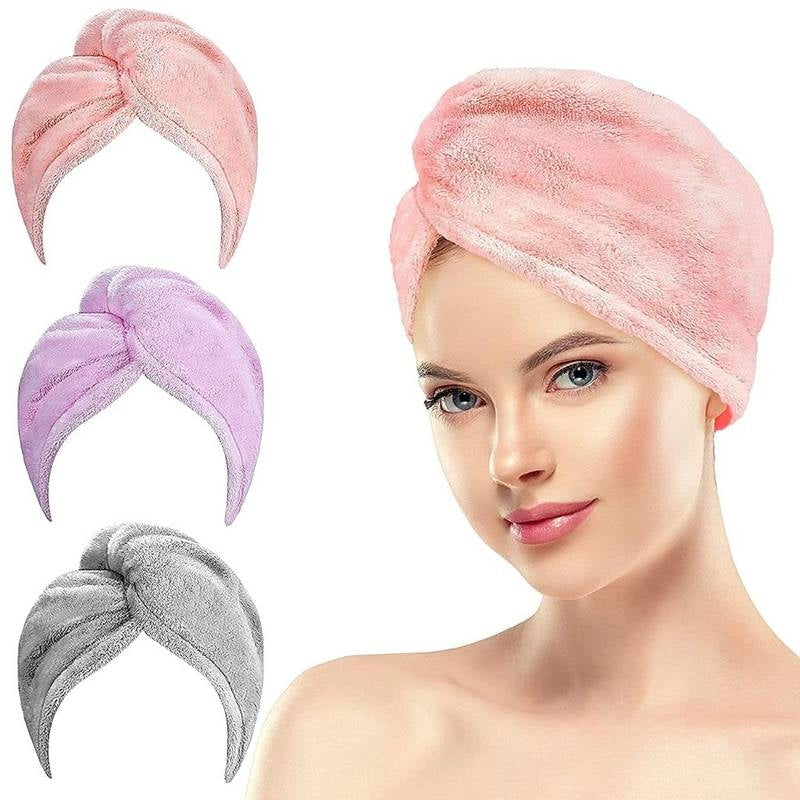 Woman wearing a pink towel wrap with three additional towel wraps displayed below on a white background.