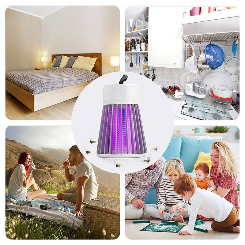 Collage of a purple and white lamp with various scenes including a bedroom, kitchen, and outdoor picnic.