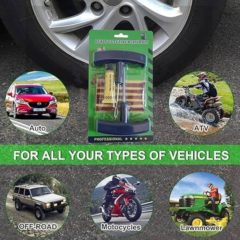 Car tire repair kit packaging with images of various vehicles on a road background