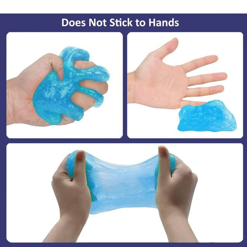 Blue slime being manipulated by hands with text 'Does Not Stick to Hands' on a white background